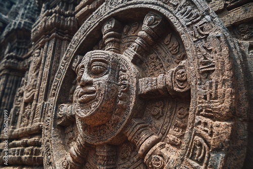 Ancient Stone Carving Intricate Wheel Design Detailed Texture Brown Hues Religious Temple           