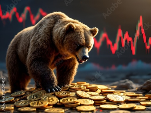 Bear market: Bear atop Bitcoin coins, red stock market crash in background Crypto winter