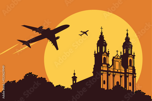 Silhouette of Prague's iconic Old Town architecture against a vibrant orange sunrise sky.