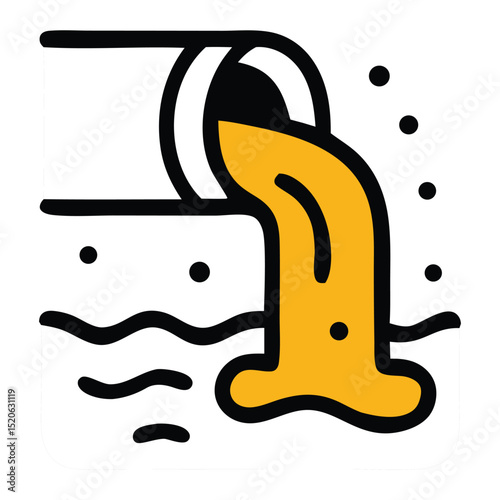 Pollution yellow waste spills into water from a pipe. Suitable for environmental awareness campaigns, articles, presentations, and social media posts.