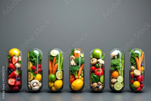 Vitamin Capsules Filled with Fresh Fruits & Vegetables: Healthy Lifestyle, Nutritional Supplements, Wellness Concept, Dietary Support