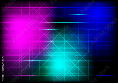 A digital abstract image with neon pink, blue, and cyan hues, intersecting lines, and a glowing grid pattern.