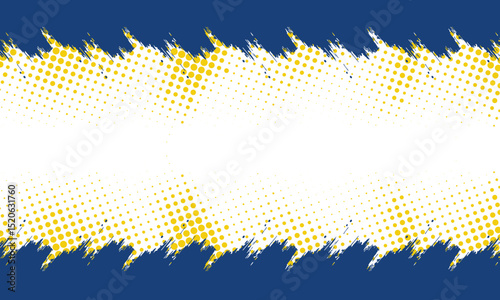 Grunge halftone abstract background with yellow dotted brush strokes over a blue border and white center. Great for creative projects, modern posters, or eye-catching banners.