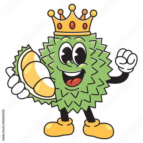 A fun and cheerful cartoon durian character wearing a royal crown, holding a piece of durian flesh and smiling brightly.