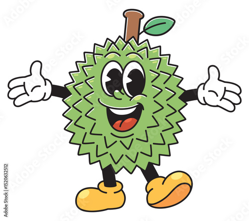 A friendly and animated cartoon durian character with big eyes, a cheerful smile, outstretched arms, yellow shoes, and a brown stem with a leaf.