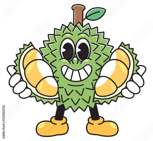 A cute cartoon durian character with a big smile and cheerful eyes, holding two opened durian pods in both hands.