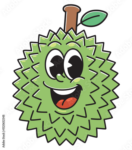 Smiling Durian Cartoon Head with Leaf and Stem