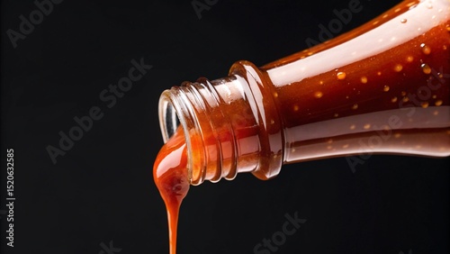 Close-up shot of a thick, savory sauce being dispensed from its clear glass container, with a glistening stream and dripping droplet, isolated on black. Ideal for BBQ, hot sauce