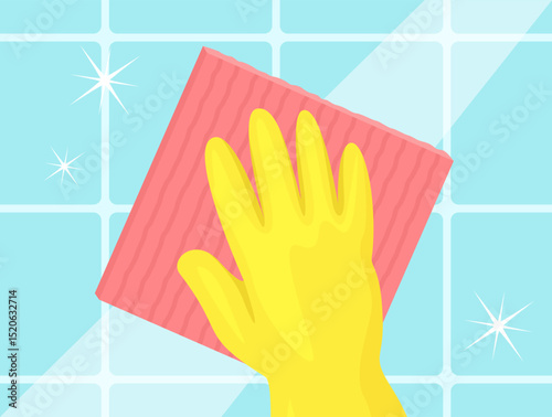 Hand in yellow rubber glove washes bathroom tiles with sponge wipe. Cleaning concept. Vector cartoon flat illustration.