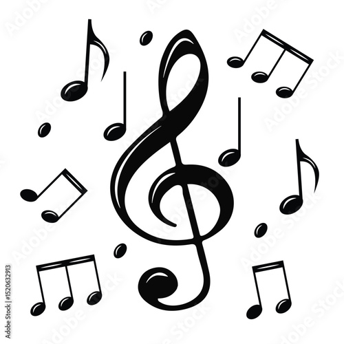 black music note icon, melody music symbol vector, white background.