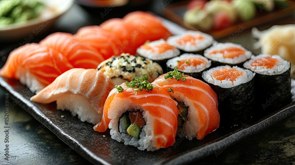 A delectable sushi assortment on a dark plate featuring fresh salmon nigiri and maki rolls A delectable sushi assortment on a dark plate featuring fresh salmon nigiri and maki rolls