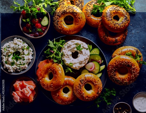Bagels, cream cheese, and smoked salmon breakfast