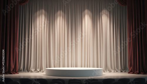 Empty Stage with Spotlights: A pristine white round stage bathed in three focused spotlights, set against a backdrop of elegant beige curtains framed by deep burgundy drapes.