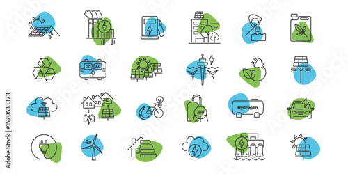 Icon collection in line style for green energy topics. Environment, eco power, and carbon usage shown with simple shapes. Earth and ecology visualized clearly. Vector illustration.