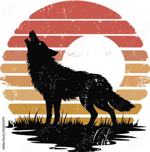 A dramatic vintage-style illustration of a howling wolf silhouetted against a distressed retro sunset backdrop, perfect for apparel and wildlife themes