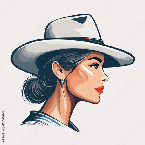 A joyful and free-spirited close-up of a rodeo woman mid-laugh, styled in expressive minimal vector art.