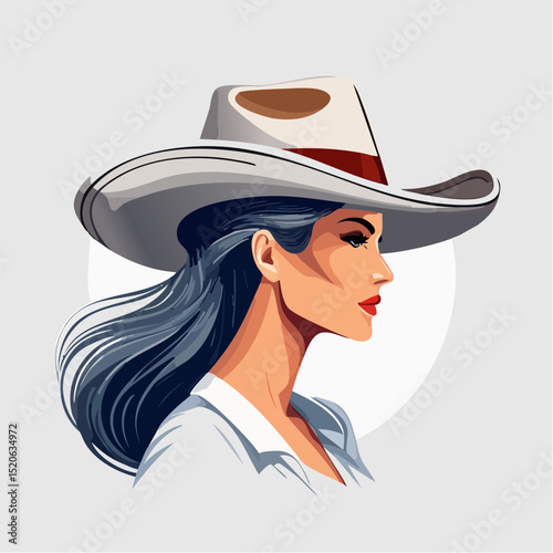 A joyful and free-spirited close-up of a rodeo woman mid-laugh, styled in expressive minimal vector art.