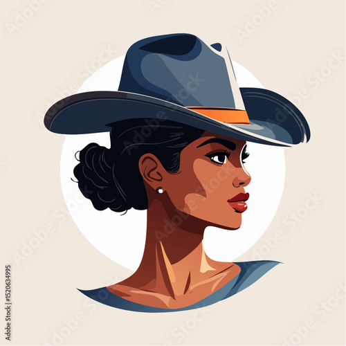 A joyful and free-spirited close-up of a rodeo woman mid-laugh, styled in expressive minimal vector art.