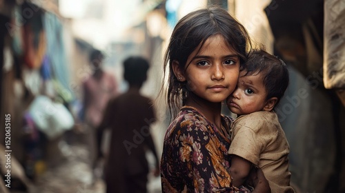 A young girl holds a baby close. AI.