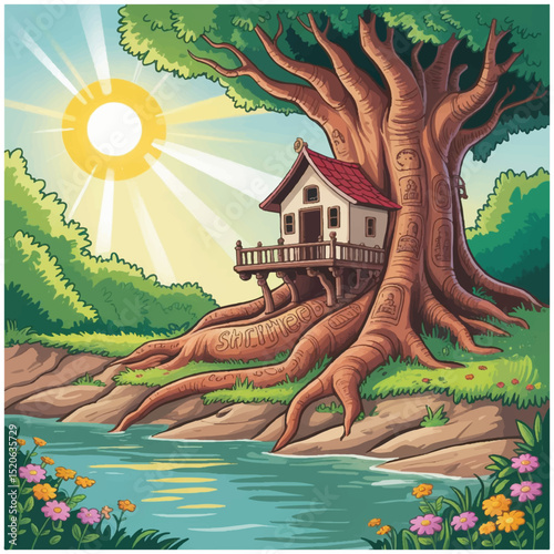 natural scenery home tree river ghat sun cartoon.eps