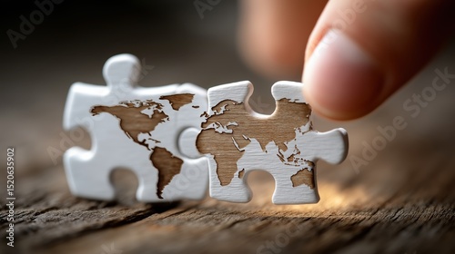 Hand Assembling World Map Puzzle Piece on Wooden Surface for Global Connectivity