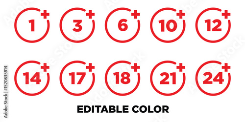 Age limit icons. 18+, 3+, 21+ and other age restriction signs, stickers or emblems. For adults or for kids. Vector
