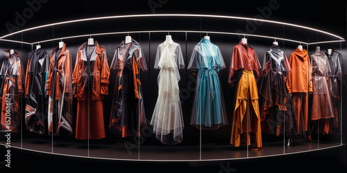 Fashionable clothes on display in a showroom, Stylish garment collection presented under neon lights, Clothing variety. Couture style collection in exhibit