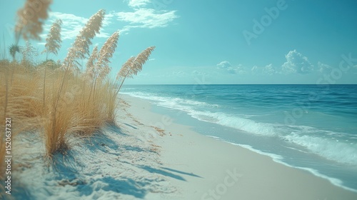 Serene coastal scene featuring sea oats and gentle turquoise ocean views offering calm