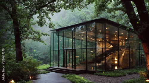 A glass house surrounded by trees, symbolizing transparent coexistence.