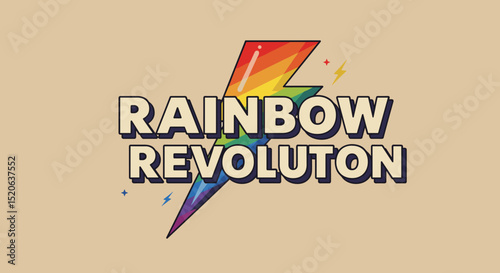 RAINBOW REVOLUTION. Retro graphic design with a colorful lightning bolt. Symbol of pride, change, and empowerment.