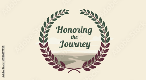 Honoring the Journey. Inspirational quote with laurel wreath and landscape path, symbolizing achievement and progress.