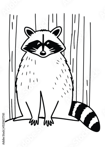 raccoon on a log, happily coloring, illustrated in a charming coloring page format.eps