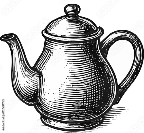 Detailed vintage teapot sketch with curved spout and handle, perfect for cozy kitchen themes