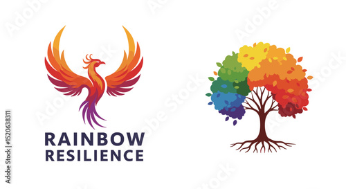 RAINBOW RESILIENCE logo with a vibrant multicolored phoenix symbolizing strength and rebirth, and a colorful tree representing growth and diversity.