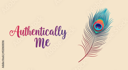 Authentically Me. Inspirational quote with colorful peacock feather illustration on a light beige background.