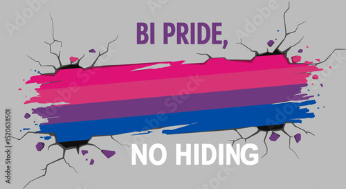 BI PRIDE, NO HIDING. Bisexual pride flag breaking through a cracked wall, symbolizing visibility and empowerment in the LGBTQ+ community.
