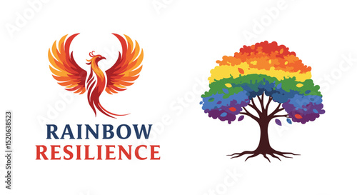 RAINBOW RESILIENCE logo featuring a vibrant orange and red phoenix with spread wings. Separate illustration of a tree with rainbow colored leaves, symbolizing pride, diversity, and growth.