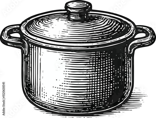 Vintage sketch of a large cooking pot with handles and lid, perfect for stew or soup illustrations