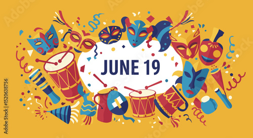 JUNE 19. Festive Juneteenth celebration with colorful masks, drums, and confetti. Cultural holiday illustration for emancipation and freedom.
