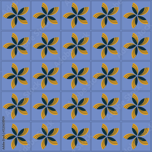 A seamless floral pattern of five-petal golden and navy motifs on a cool blue grid, blending elegance, repetition, and modern symmetry.