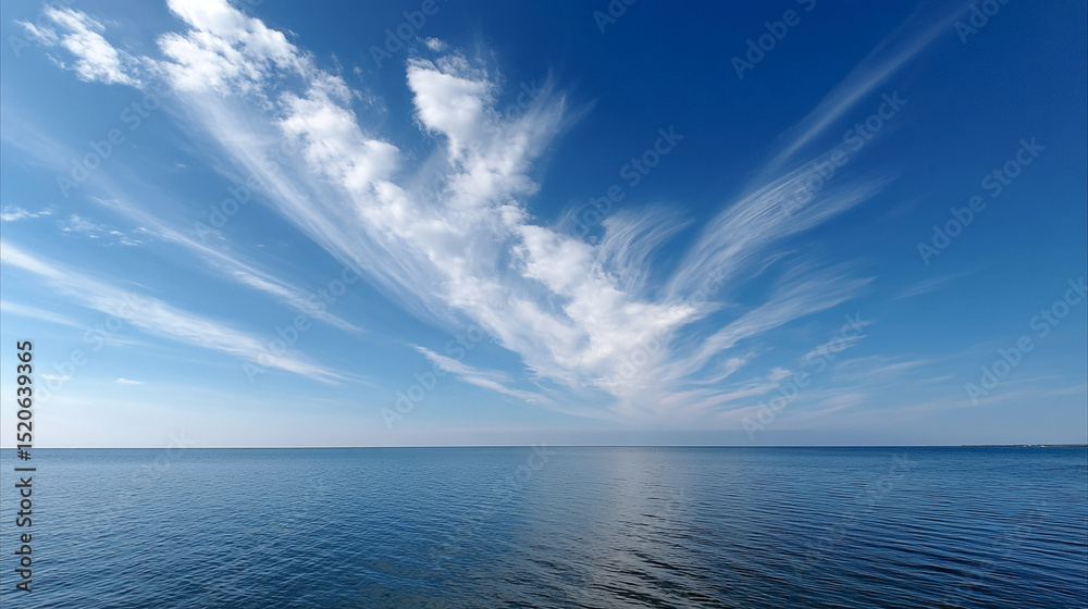 Obraz premium Delicate cirrus clouds stretch across blue sky above calm ocean water, creating peaceful atmosphere