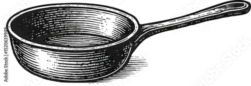 Hand-drawn frying pan with handle, essential cookware in rustic kitchen illustrations