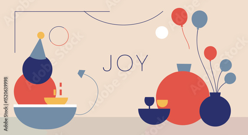 JOY. Abstract geometric illustration of a festive celebration with party elements like cake, balloons, and drinks. Modern minimalist design for happy occasions and greetings.