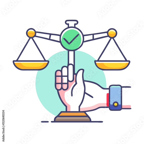 Balance scales of justice with hand pressing against it. Symbolic illustration of legal and ethical values.