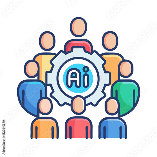 A group of people surrounding a gear with "AI" text, symbolizing collaboration and innovation in the field of artificial intelligence.