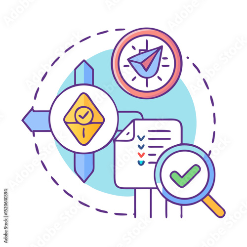 An illustration of task management elements, a detailed depiction of a checklist, compass, and magnifying glass. The objects are arranged to highlight productivity