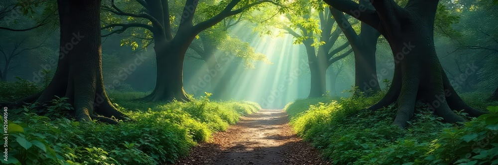 Obraz premium Enchanted forest path, dappled sunlight filters through ancient trees, mystical atmosphere, glowing flora, magical vibe , mystery, surreal