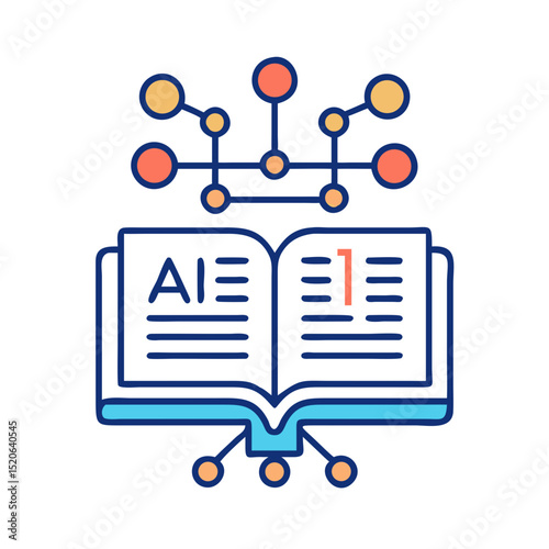 An open book with AI text, integrated with an abstract technological network