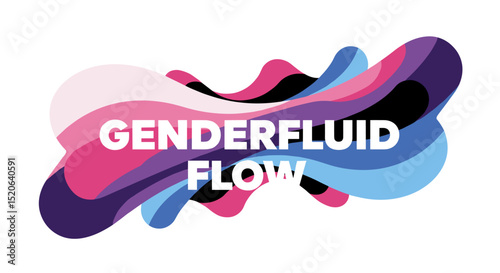GENDERFLUID FLOW text on an abstract background with flowing colorful shapes. Modern graphic design representing gender identity, fluidity, and LGBTQ+ pride. Vector illustration.