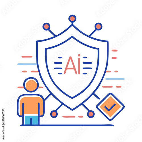 AI security shield protecting a person with check mark. The shield has "AI" inscription